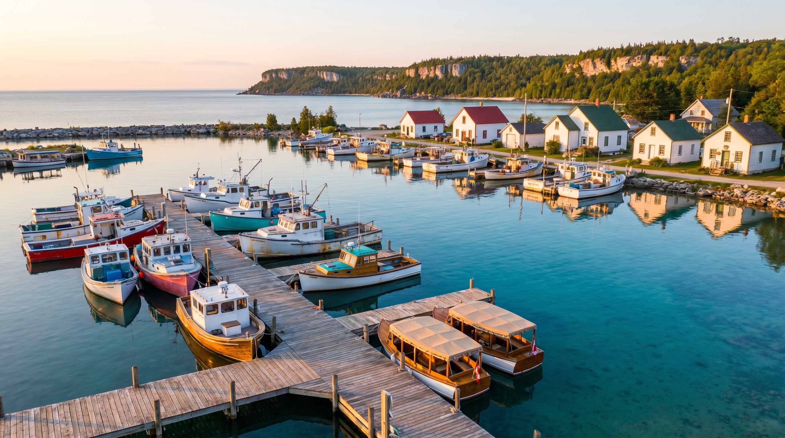 Tobermory harbour at golden hour with colourful fishing boats and the Bruce Peninsula cliffs