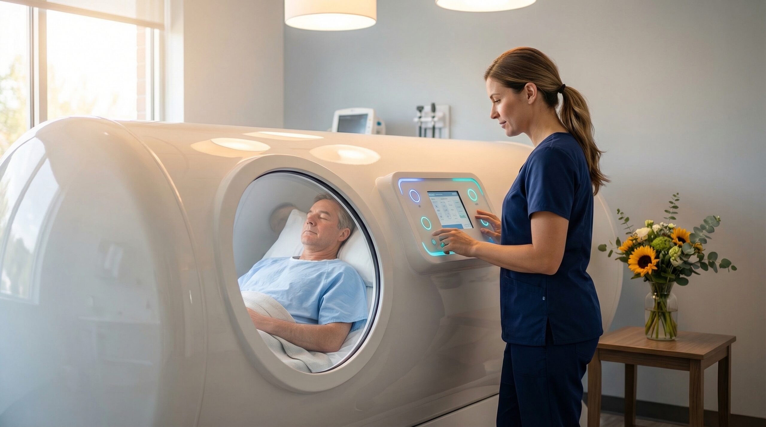Modern hyperbaric oxygen therapy chamber treating cancer radiation injury