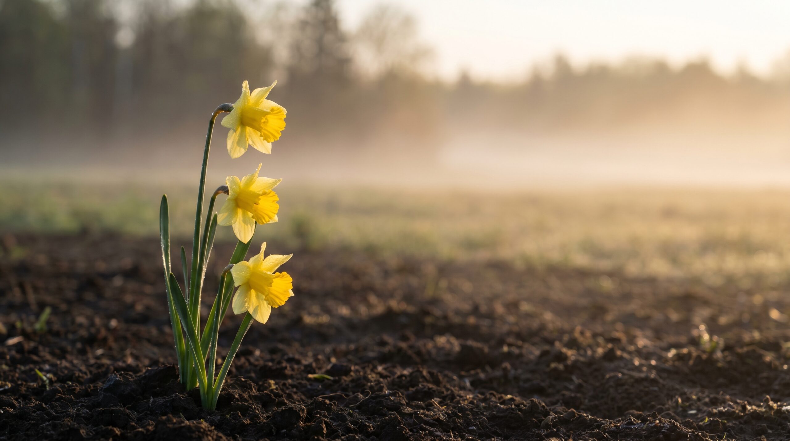 A single yellow daffodil with dewdrops in early morning light along a soft Canadian forest path, symbolizing renewal and survivorship