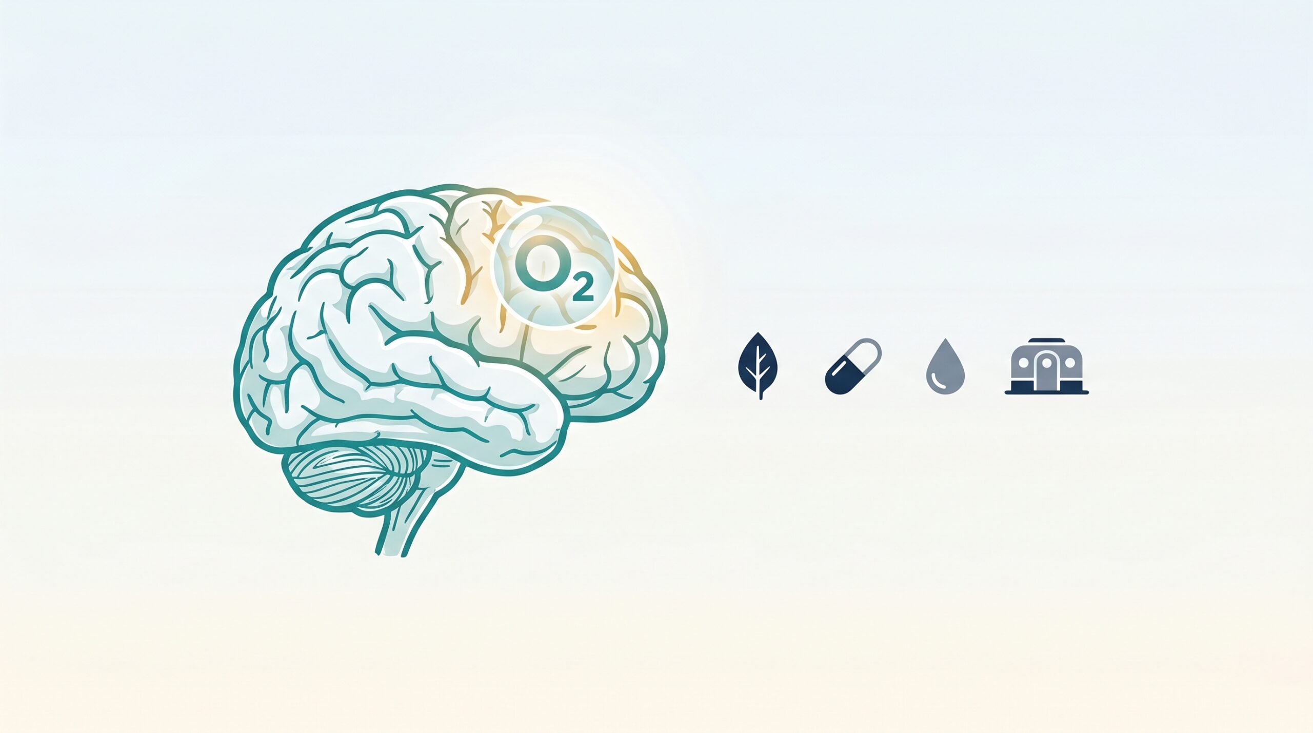 Anatomical illustration of a human brain in profile with an O2 oxygen molecule symbol overlaid near the cortical region, alongside four small abstract icons representing therapeutic agent categories