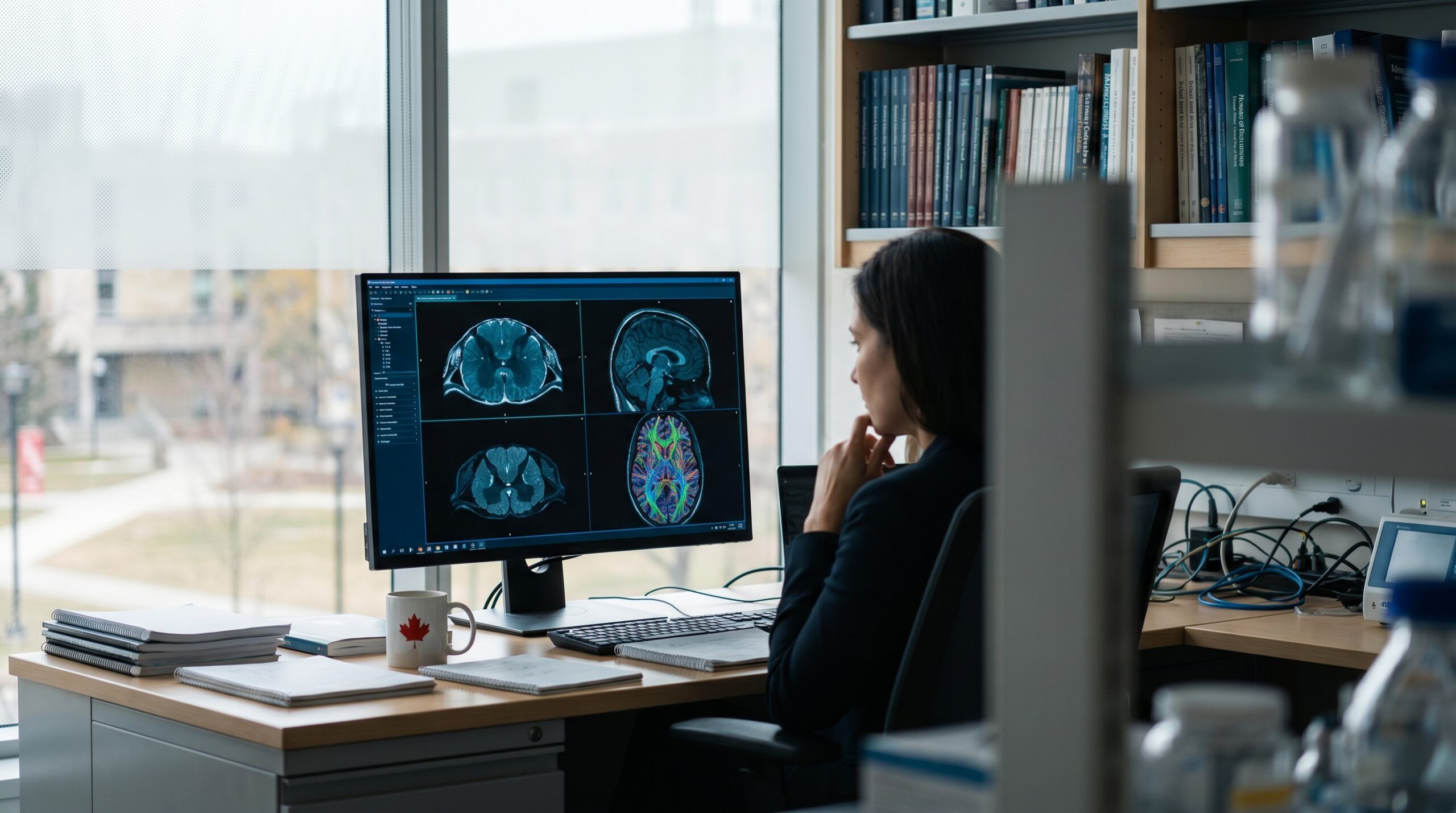 Researcher reviewing brain MRI connectivity scans related to hyperbaric oxygen therapy and spinal cord injury research in a Canadian academic medical lab