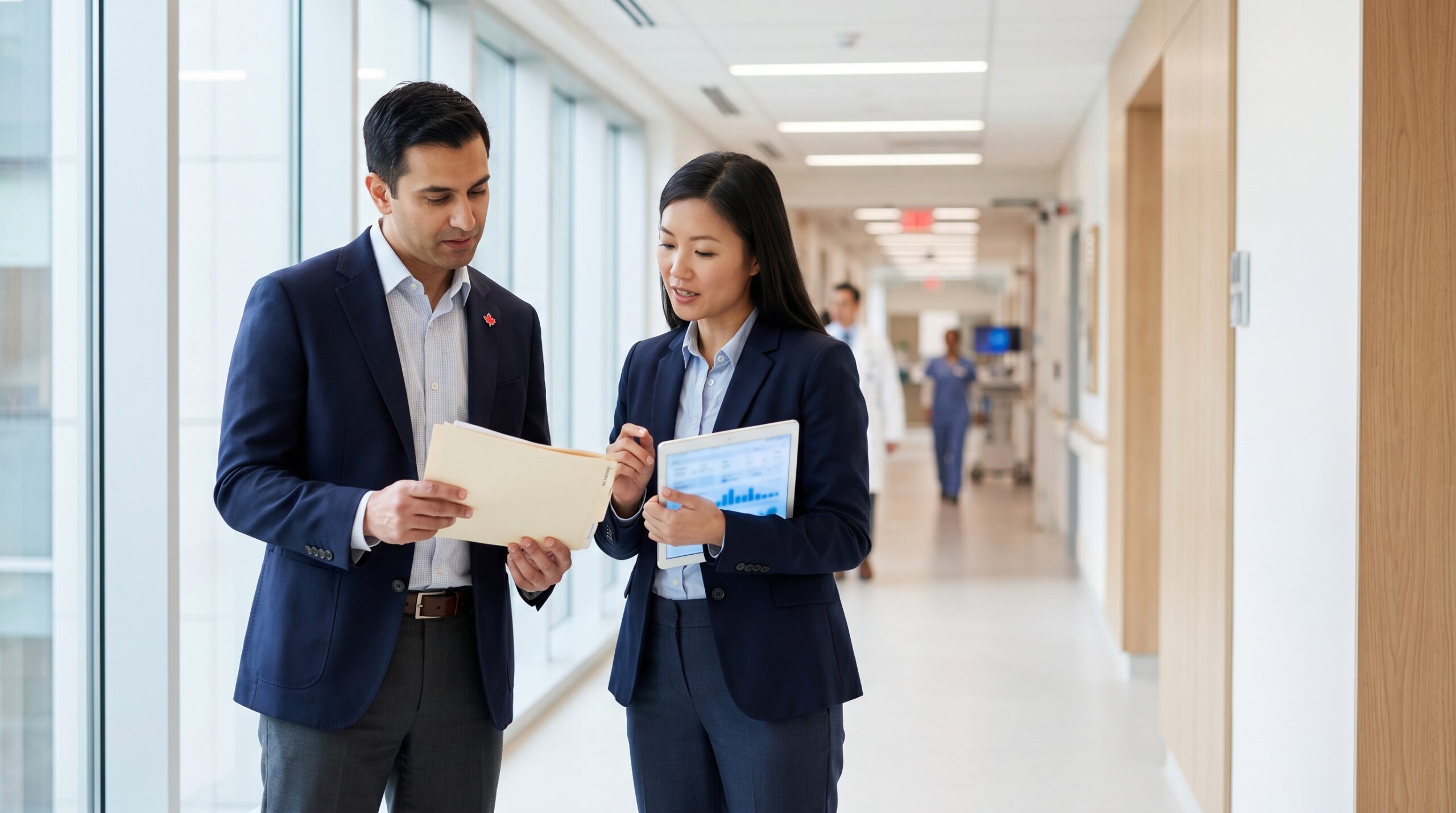 Two Canadian physicians consulting over patient chart for hyperbaric oxygen therapy referral coordination
