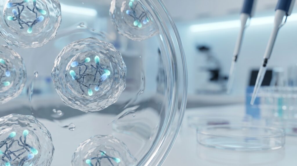 Microscopy view of immune cells with telomere caps highlighted, scientific research aesthetic