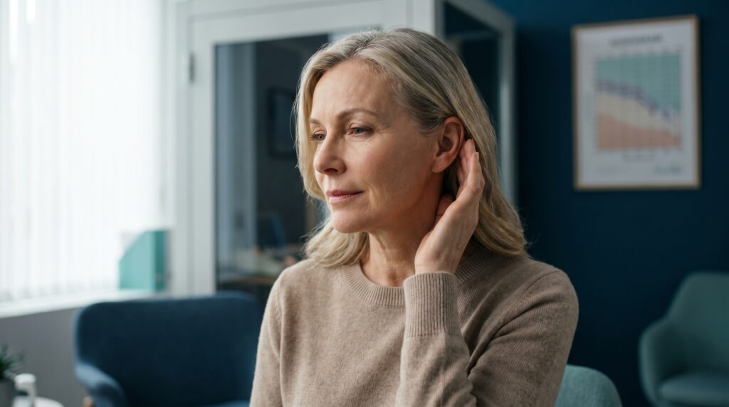 Canadian woman in an audiologist office gently touching her ear, suggesting sudden hearing loss