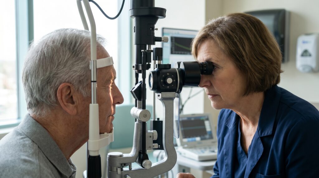 Ophthalmologist examining an elderly patient with a slit lamp during urgent CRAO assessment in a Canadian hospital