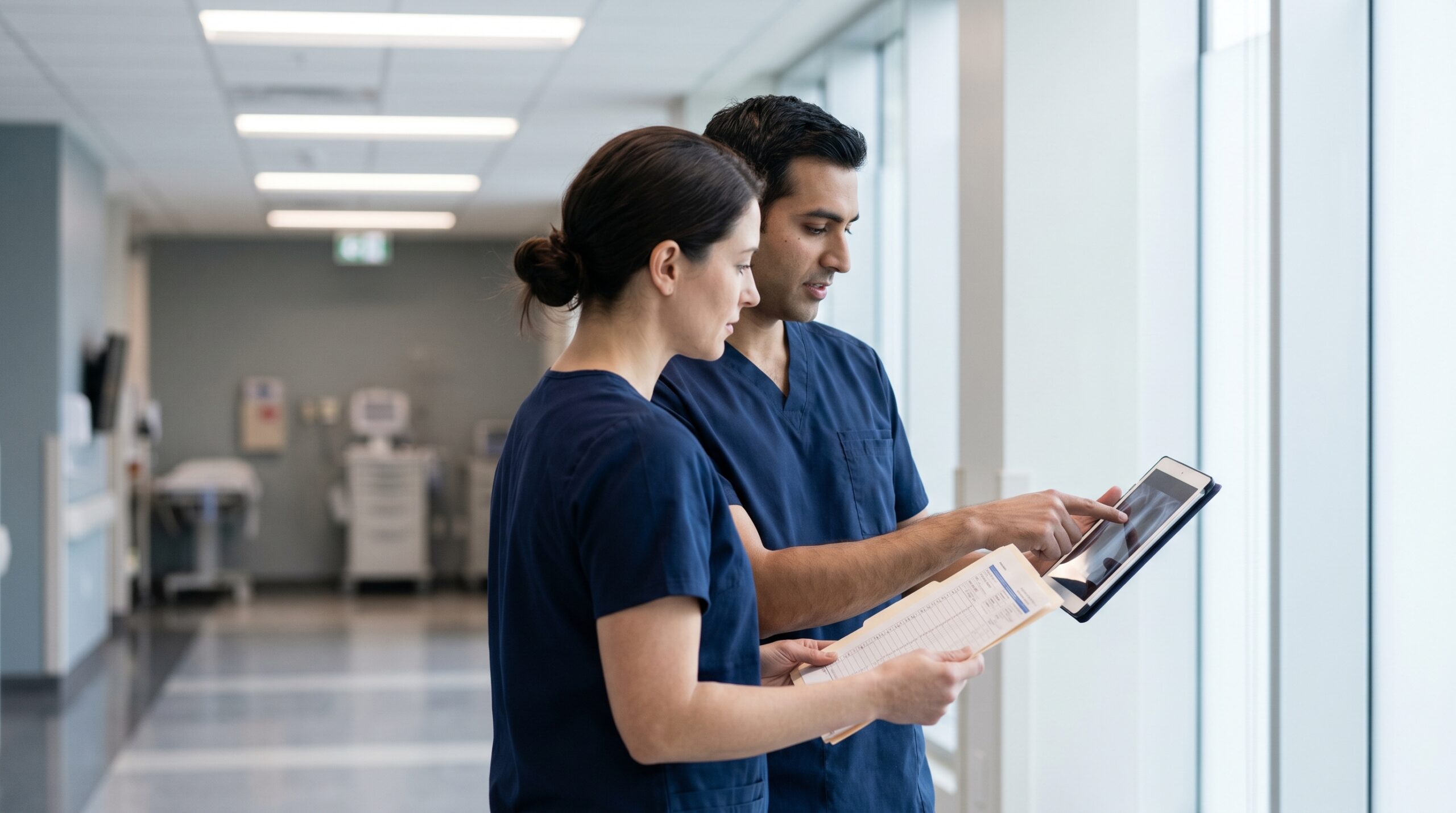 Two Canadian emergency physicians in dark navy scrubs reviewing a patient chart and tablet imaging in a modern hospital trauma corridor, illustrating an HBOT referral discussion