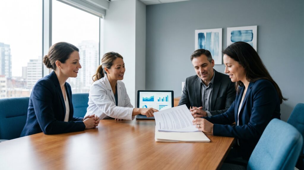 Canadian healthcare clinic administrators reviewing compliance documents in a modern medical boardroom