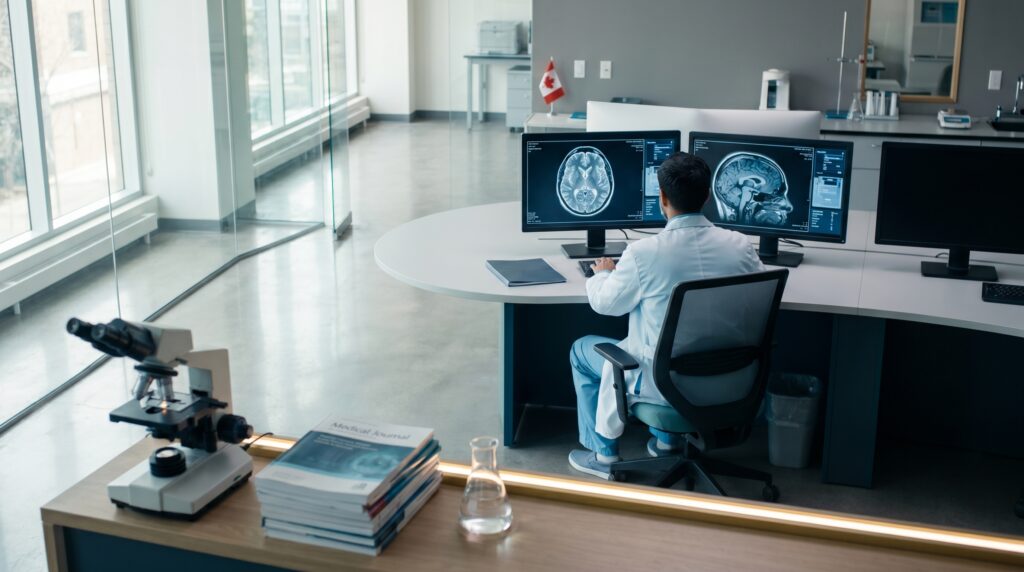Canadian neuroscience researcher reviewing multiple sclerosis brain MRI scans in a hospital research lab