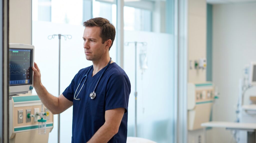 Canadian emergency physician in navy scrubs reviewing arterial blood gas results on a clinical monitor in a hospital emergency department
