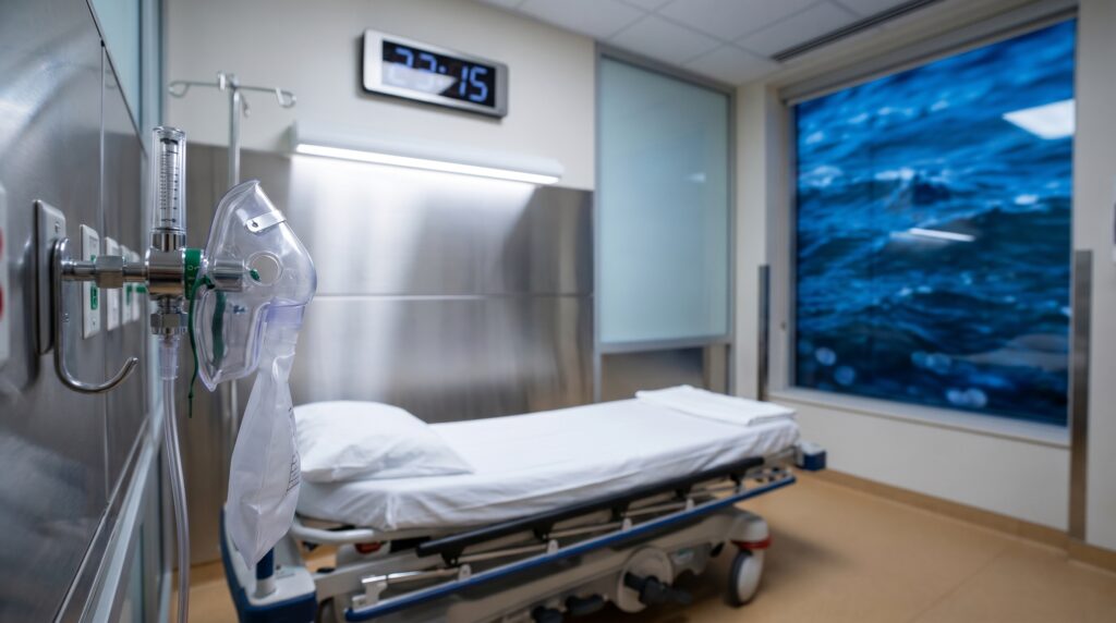 Canadian emergency department bay with oxygen mask and stretcher, ocean visible through window