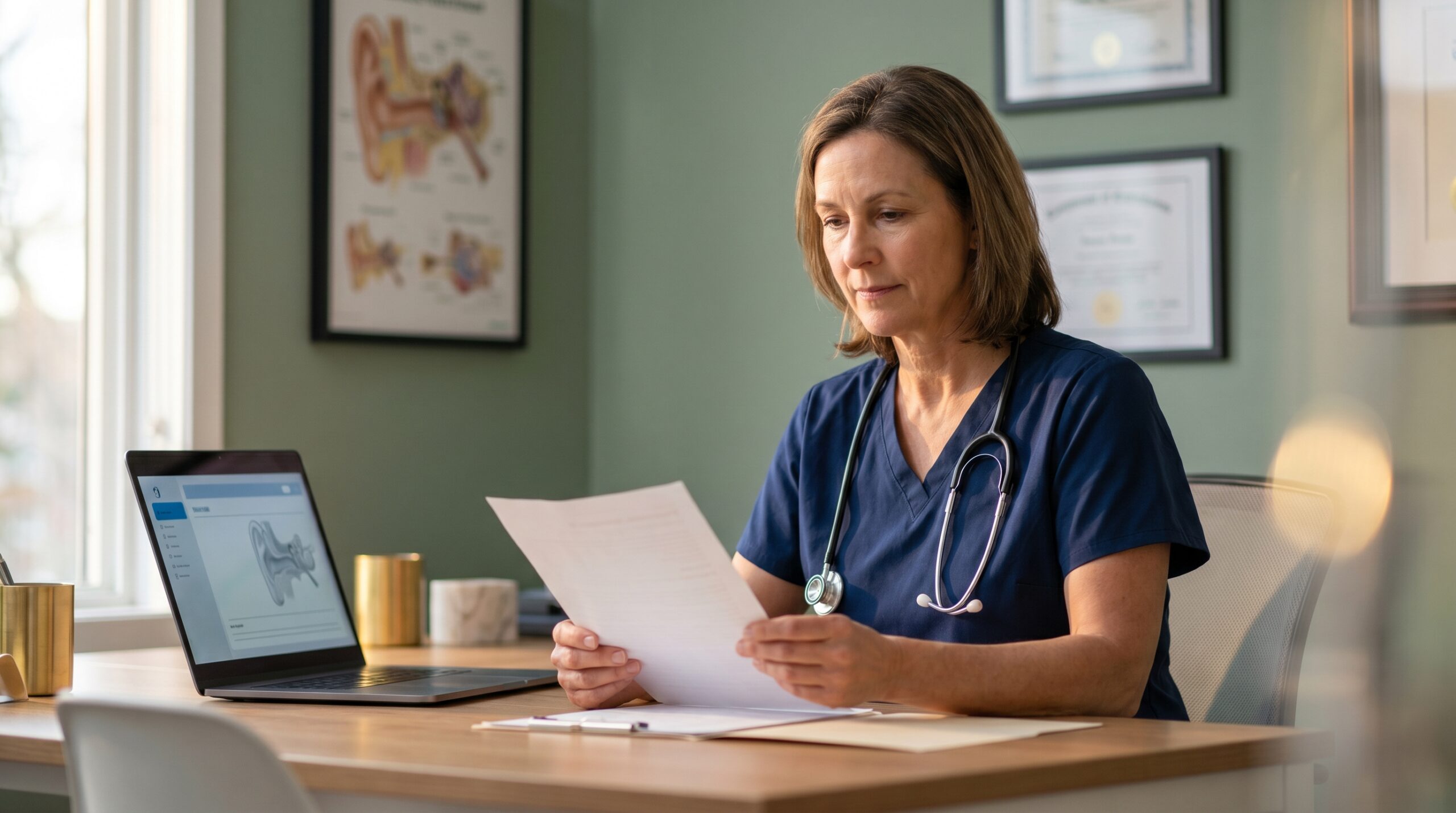 Canadian physician reviewing a clinical reference on hyperbaric oxygen therapy side effects in a modern consultation room