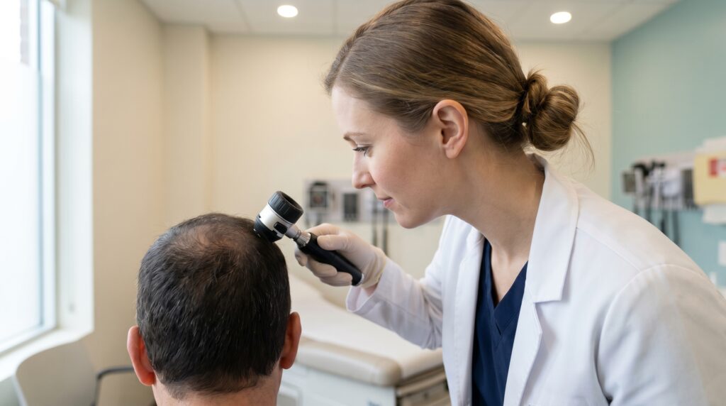 A dermatologist uses a handheld dermatoscope to examine a patient scalp during a hair-loss consultation in a Canadian clinic.