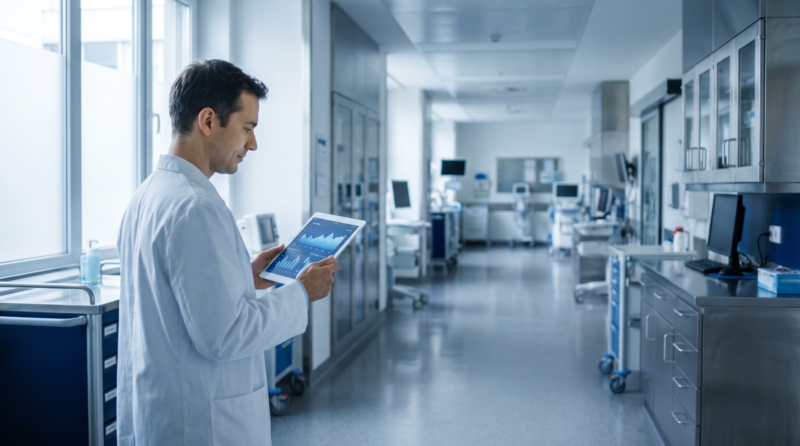 Clinical researcher reviewing hyperbaric medicine evidence in hospital corridor