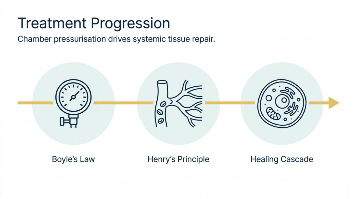 How HBOT works: chamber pressurisation (Boyle's Law) drives oxygen into plasma (Henry's Principle), triggering a tissue-healing cascade.