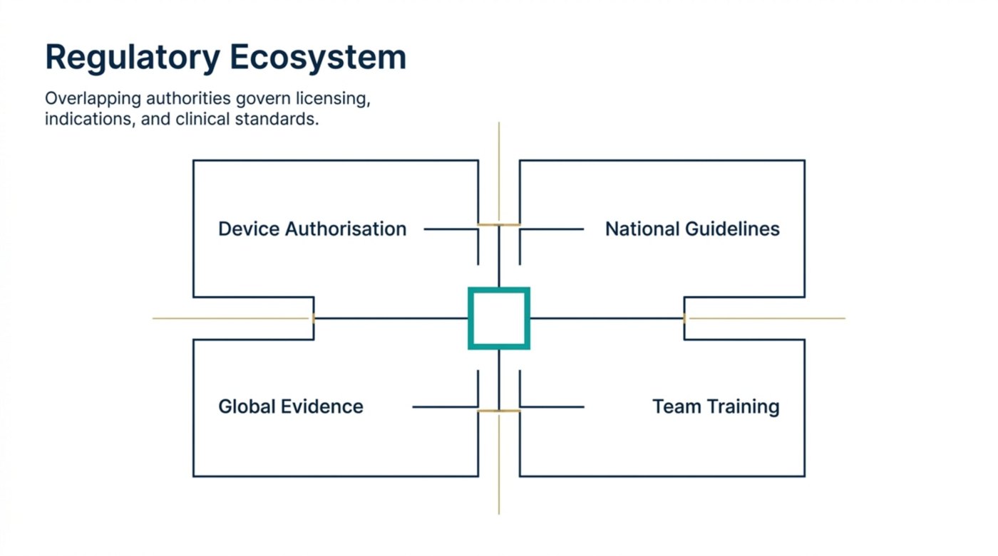 HBOT's regulatory ecosystem: device authorisation, national guidelines, global evidence, and clinical-team training overlap to govern practice.