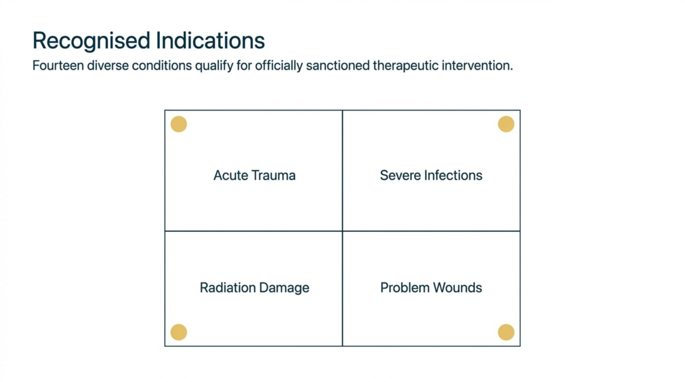 Health Canada recognises fourteen HBOT indications, grouped as acute trauma, severe infections, radiation damage, and problem wounds.