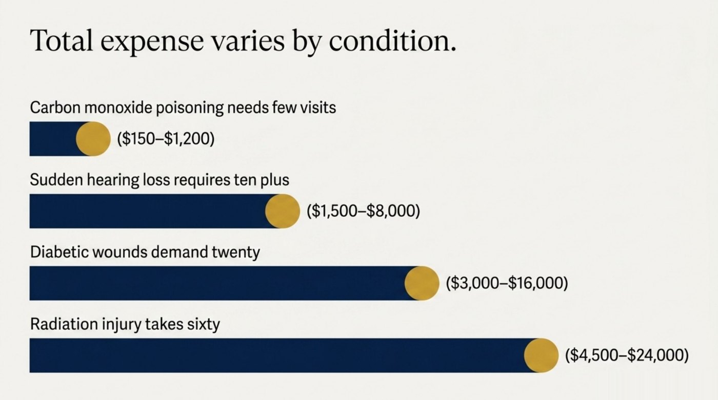 Total HBOT course cost by indication at private clinics: carbon monoxide $150-$1,200, sudden hearing loss $1,500-$8,000, diabetic wound $3,000-$16,000, radiation injury $4,500-$24,000; hospital programmes treat all at $0 with a referral.