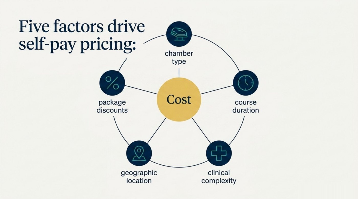 Five factors that drive private-clinic HBOT pricing: chamber type, course duration, package discounts, geographic location, and clinical complexity.
