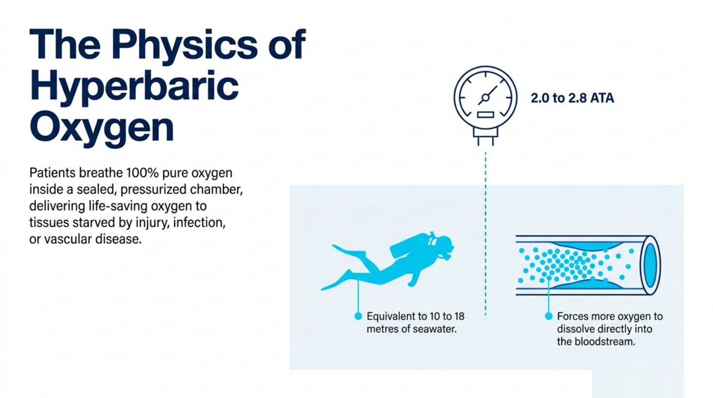 Diagram of hyperbaric oxygen therapy: patients breathe 100 percent oxygen at 2.0 to 2.8 ATA, equivalent to 10 to 18 metres of seawater