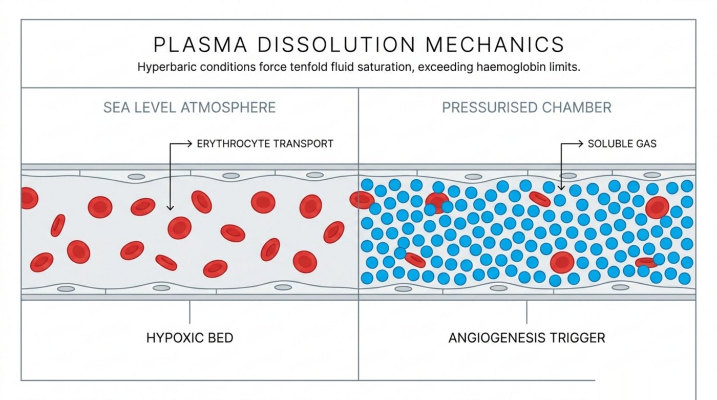 Blood-oxygen transport at sea-level pressure versus inside a hyperbaric chamber: dissolved plasma oxygen rises roughly tenfold, oxygenating a hypoxic wound bed and triggering angiogenesis.