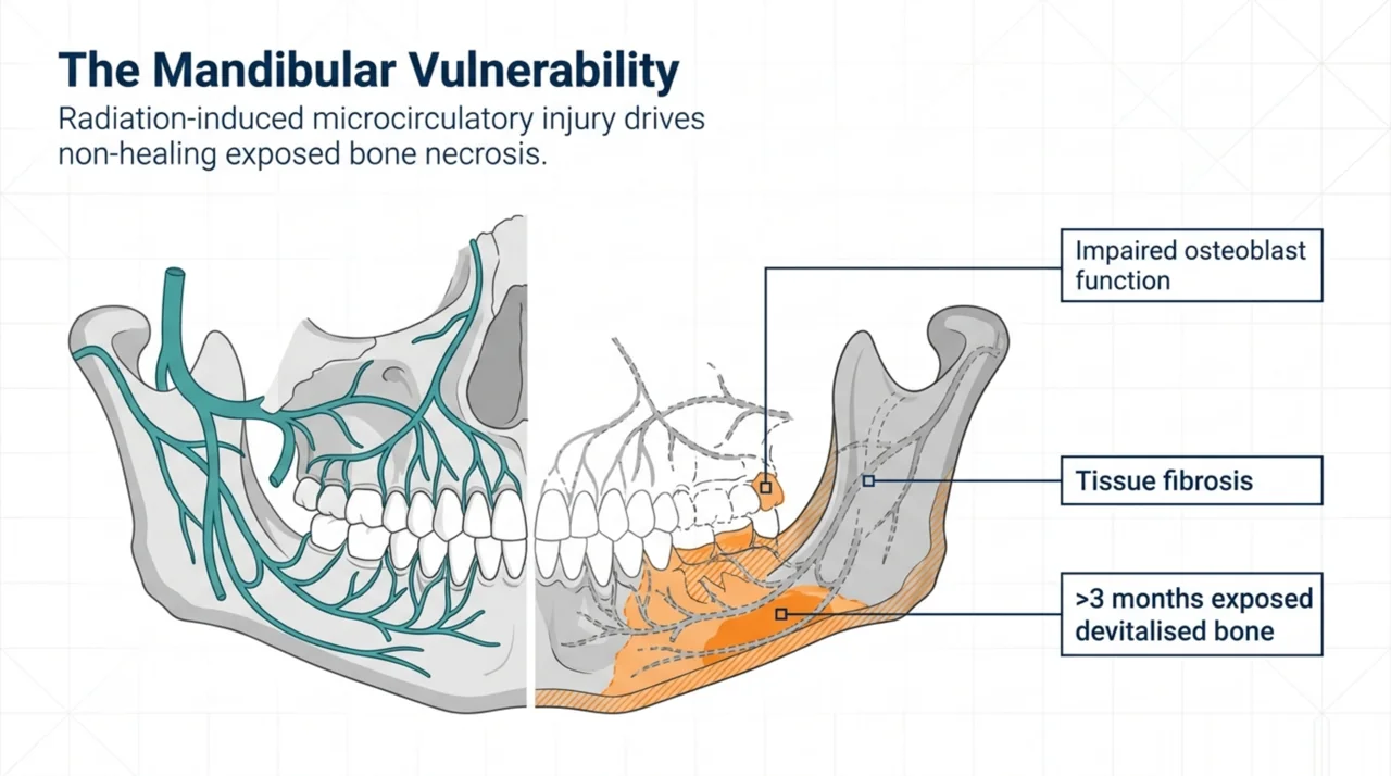 Diagram of mandibular osteoradionecrosis showing impaired osteoblast function, tissue fibrosis, and exposed devitalised bone after radiation