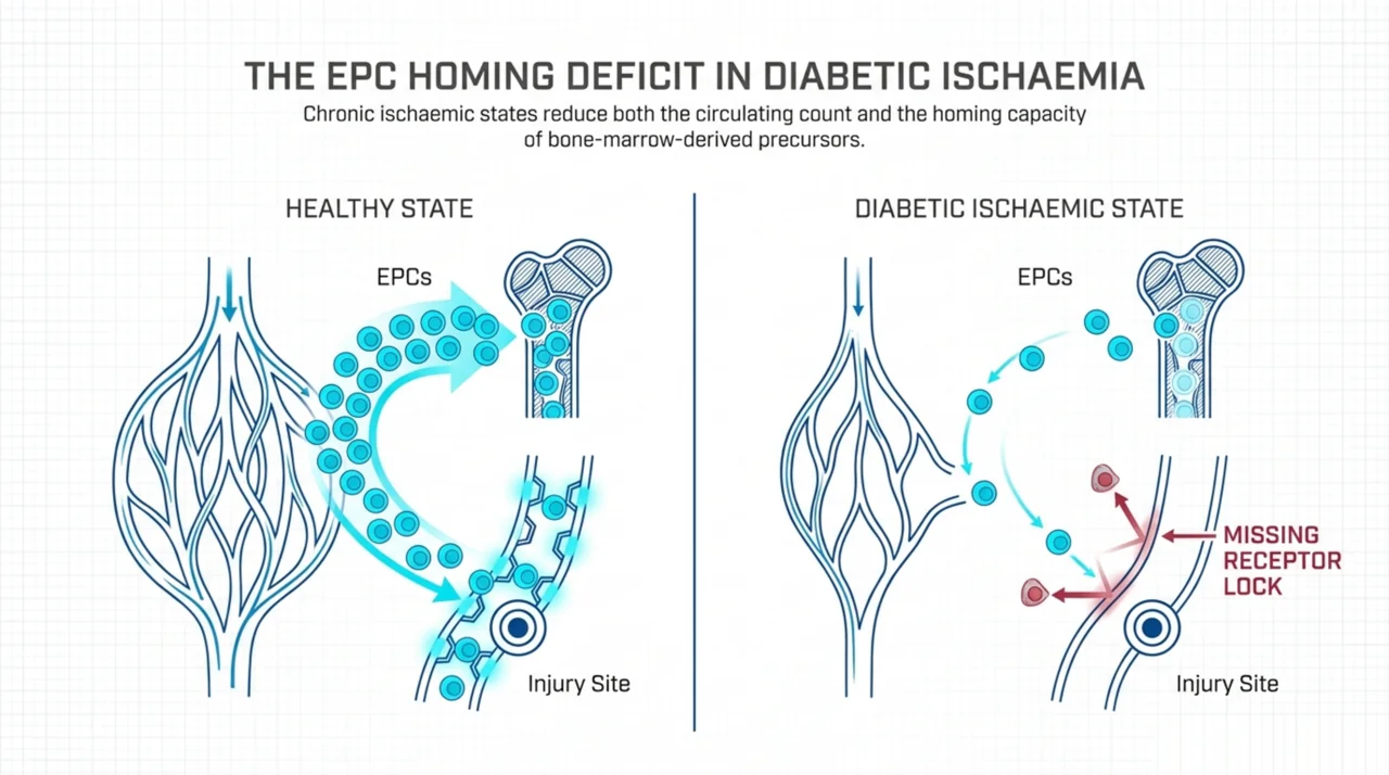 Vascular illustration contrasting healthy endothelial progenitor cell recruitment with the diabetic ischaemic state showing reduced homing