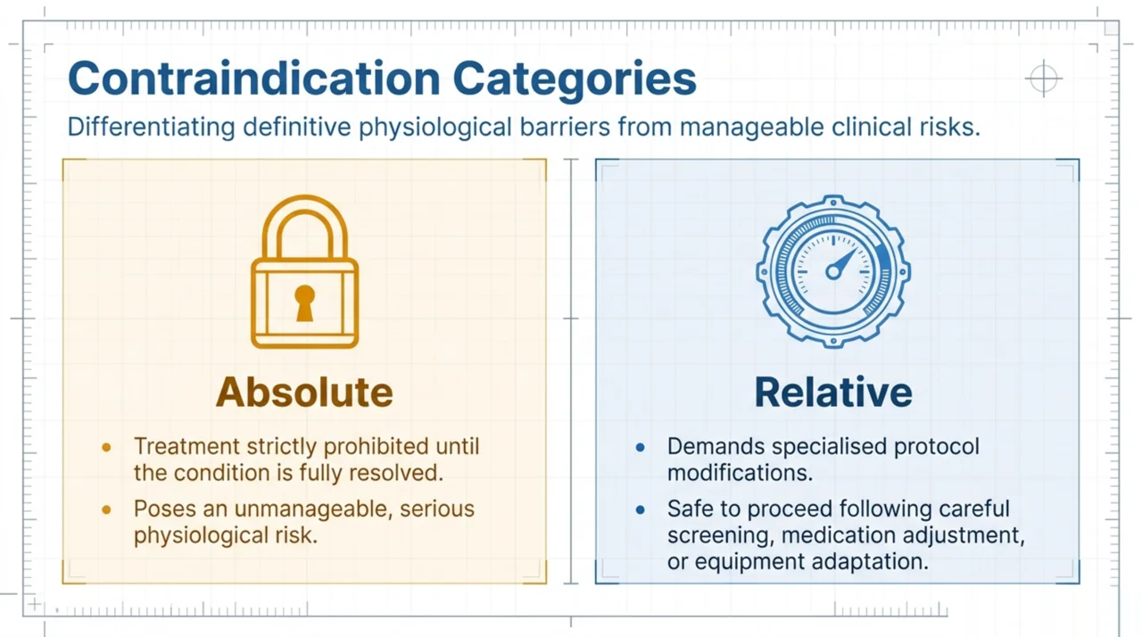 Two-card comparison of absolute contraindications, where treatment is strictly prohibited until resolved, versus relative contraindications, which are manageable with screening and protocol adjustment