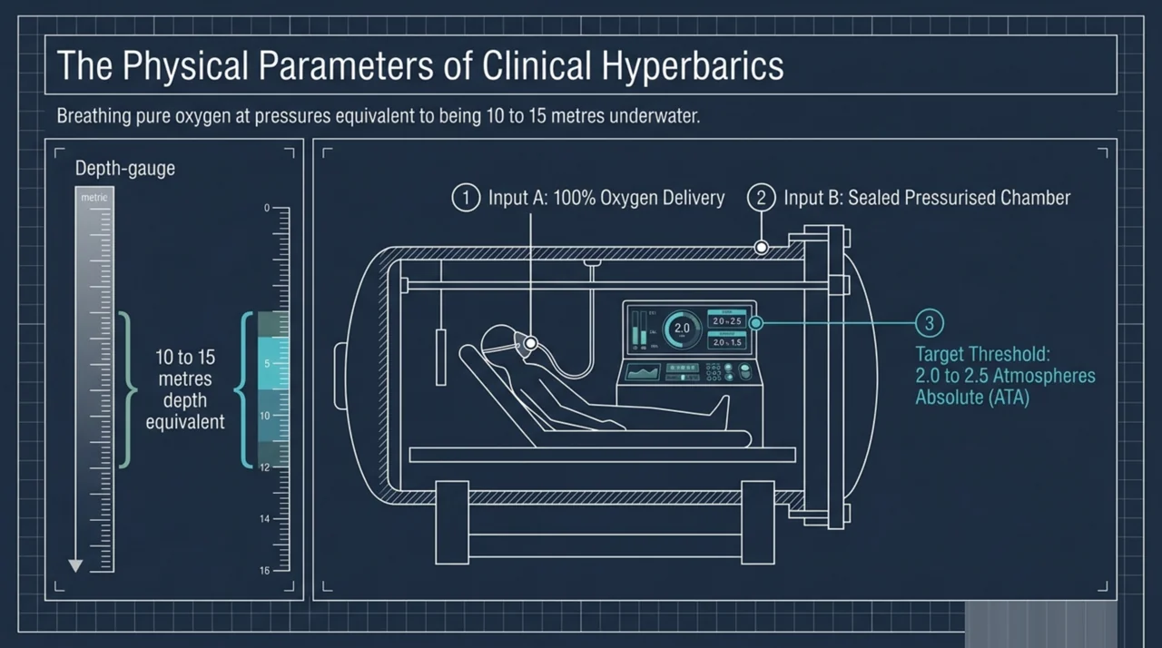 Diagram of a hyperbaric chamber showing 100 percent oxygen delivery and a target threshold of 2.0 to 2.5 atmospheres absolute, equivalent to about 10 to 15 metres underwater