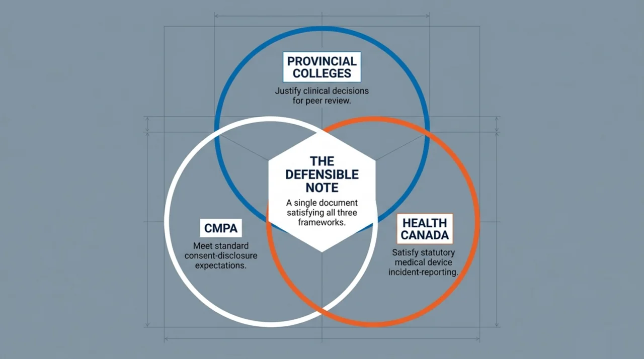 Venn diagram showing the three Canadian frameworks (provincial colleges, CMPA, Health Canada) that a defensible HBOT referral note satisfies.