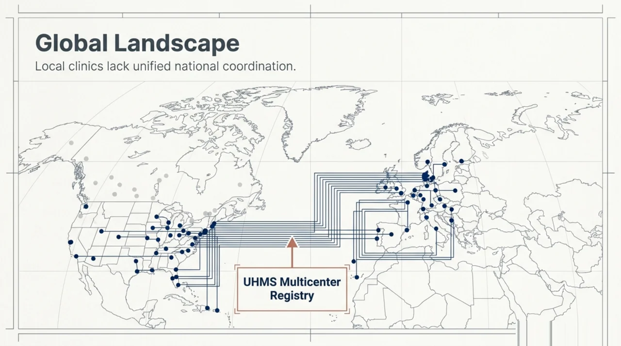 World map of HBOT centres connected through the UHMS Multicenter Registry framework