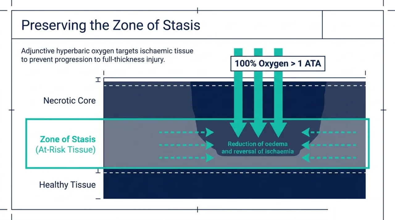 Diagram showing how hyperbaric oxygen targets the zone of stasis around a burn to reduce oedema and reverse ischaemia.