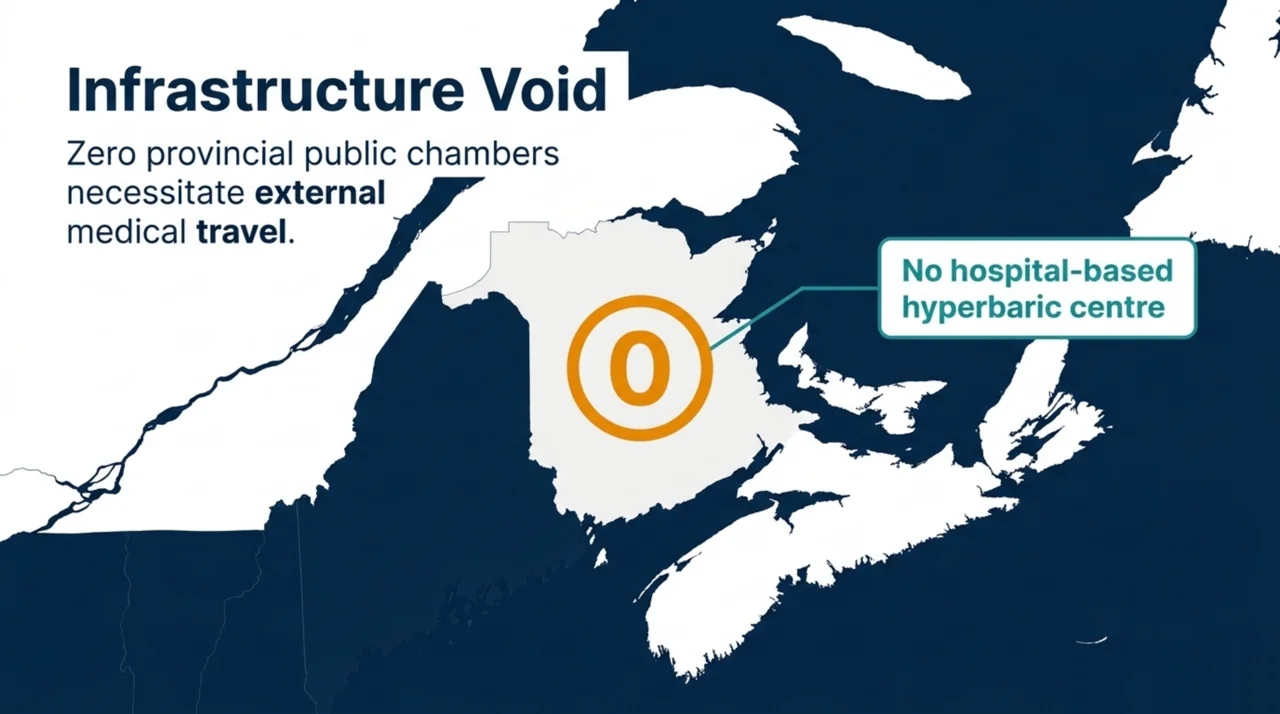 Map of the Maritimes showing New Brunswick has zero public hospital hyperbaric chambers, so patients travel out of province