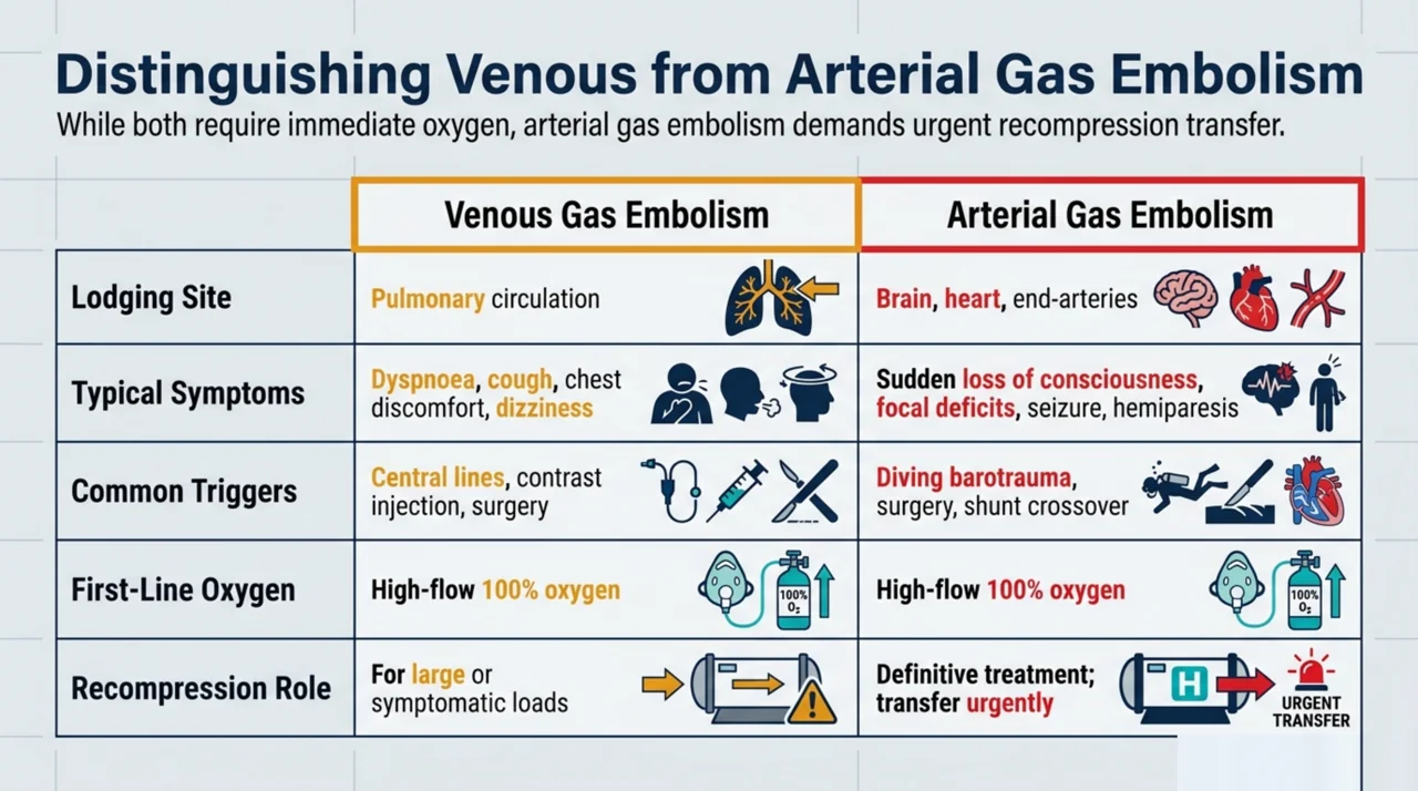 Comparison table distinguishing venous from arterial gas embolism by lodging site, symptoms, common triggers, first-line oxygen, and the role of recompression.
