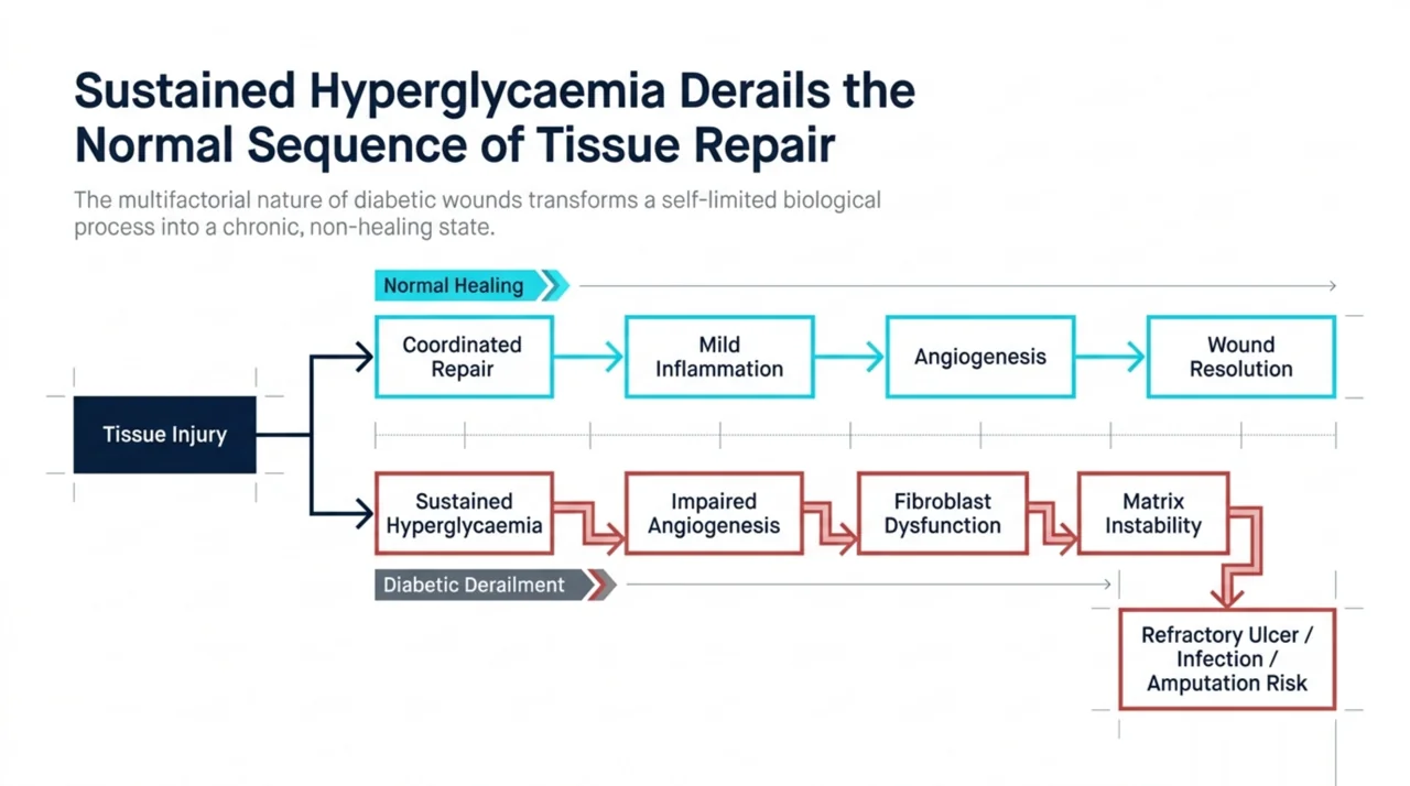 Flowchart contrasting the normal tissue-repair sequence with the diabetic derailment caused by sustained hyperglycaemia, ending in refractory ulcer and amputation risk
