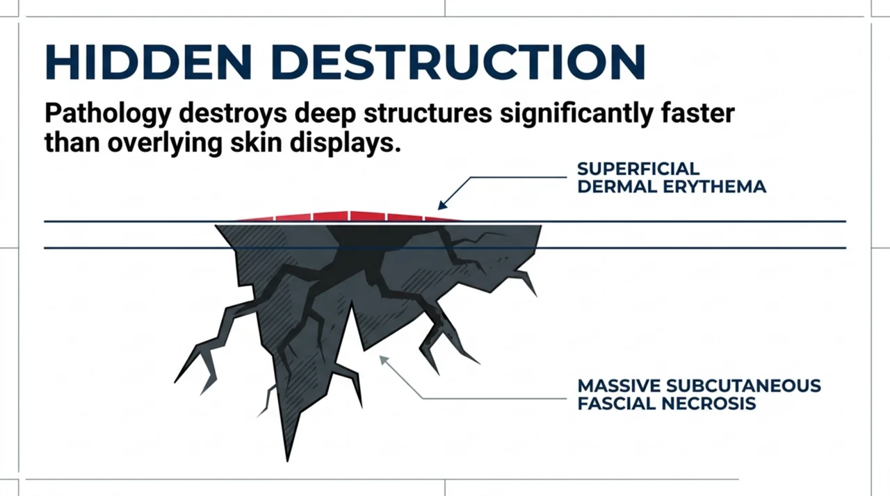 Cross-section showing Fournier's gangrene destroys deep subcutaneous and fascial tissue far faster than the limited superficial skin erythema suggests.