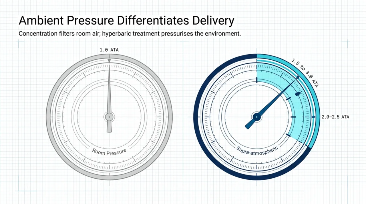 Two pressure dials comparing an oxygen concentrator at about 1.0 ATA room pressure with a hyperbaric chamber at 1.5 to 3.0 ATA