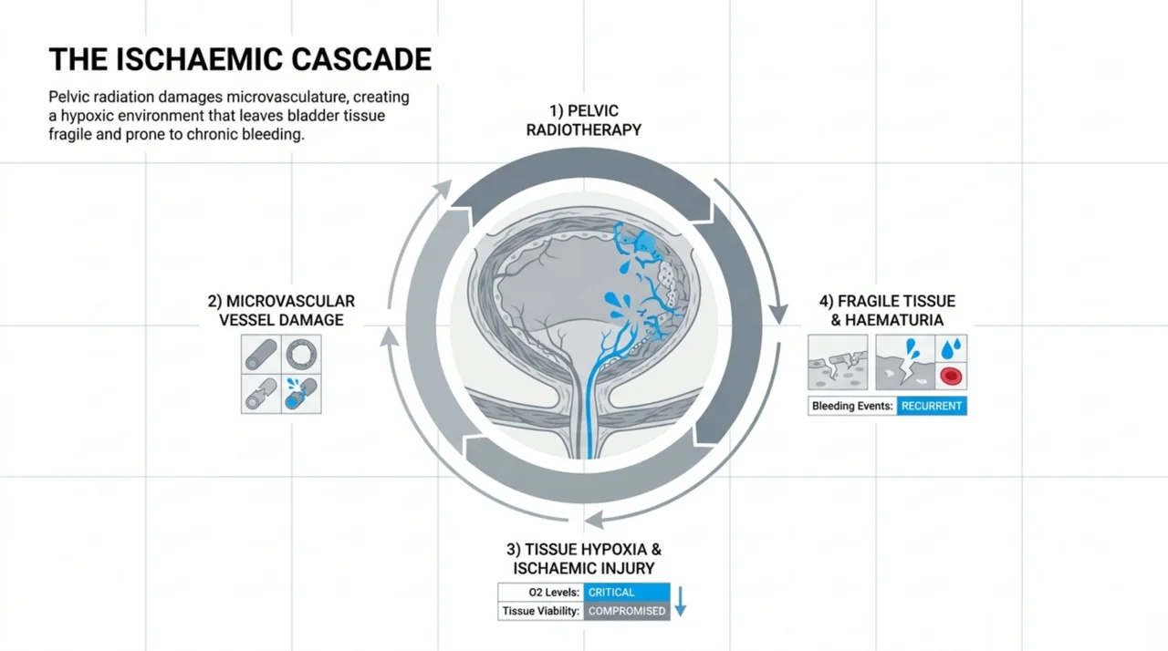 Diagram of the ischaemic cascade in radiation cystitis: pelvic radiotherapy damages the bladder microvasculature, causing tissue hypoxia and fragile tissue prone to recurrent bleeding.