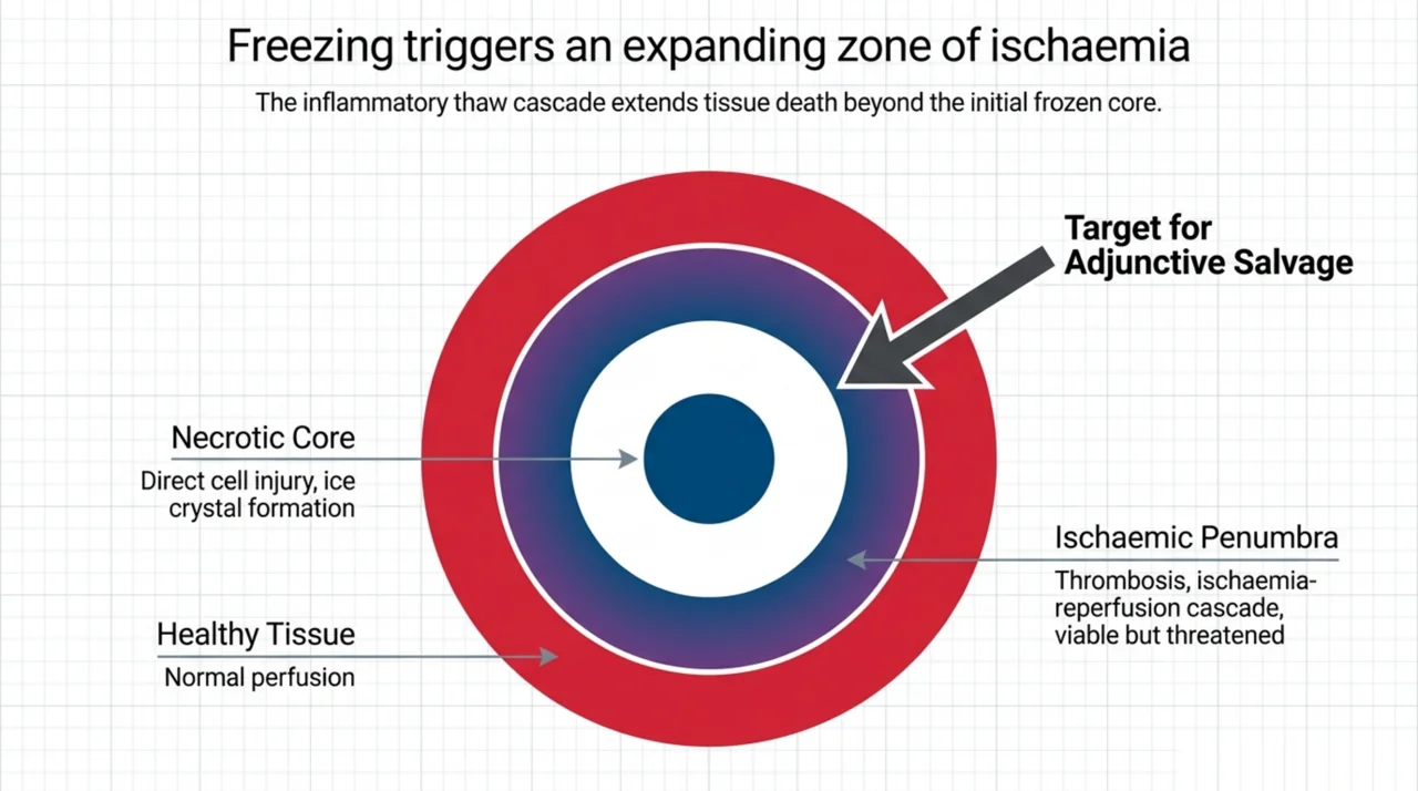 Frostbite injury zones: a necrotic core of direct cell injury, surrounded by an ischaemic penumbra of viable but threatened tissue, then healthy tissue. The penumbra is the target for adjunctive salvage.