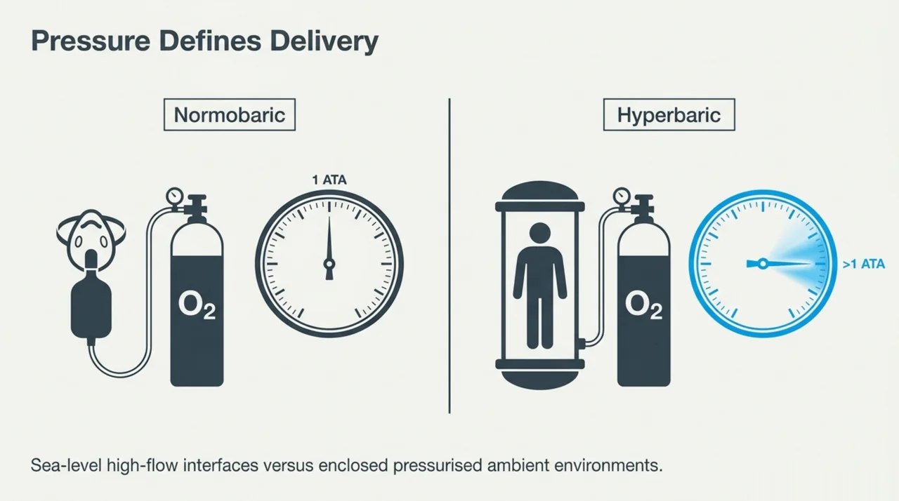 Diagram comparing normobaric oxygen delivered by mask at one atmosphere with hyperbaric oxygen delivered inside a pressurised chamber above one atmosphere.