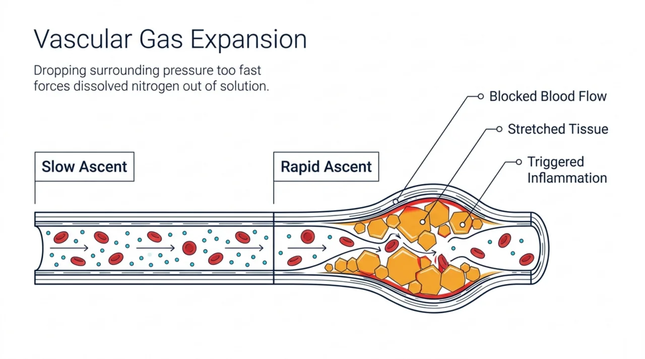Diagram comparing slow ascent with normal blood flow to rapid ascent, where nitrogen forms bubbles that block blood flow, stretch tissue, and trigger inflammation