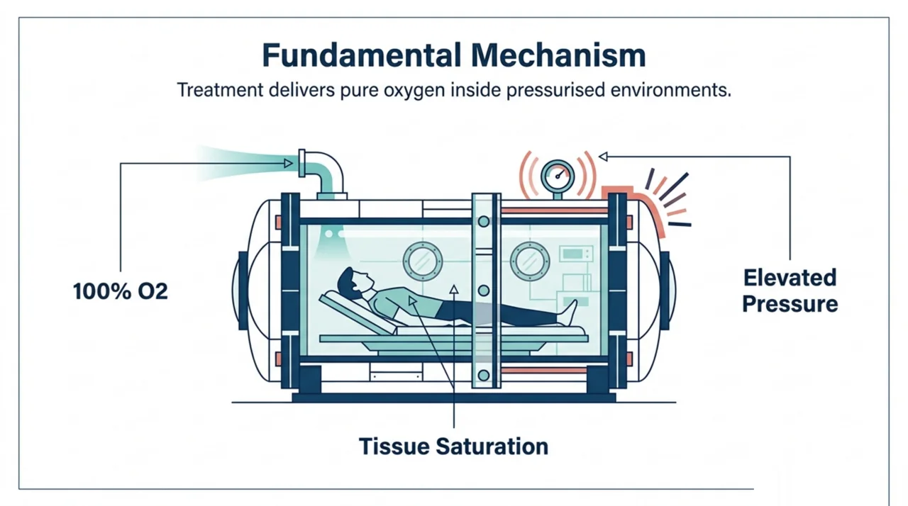 Diagram showing hyperbaric oxygen therapy delivers 100% oxygen at elevated pressure to raise tissue oxygen saturation