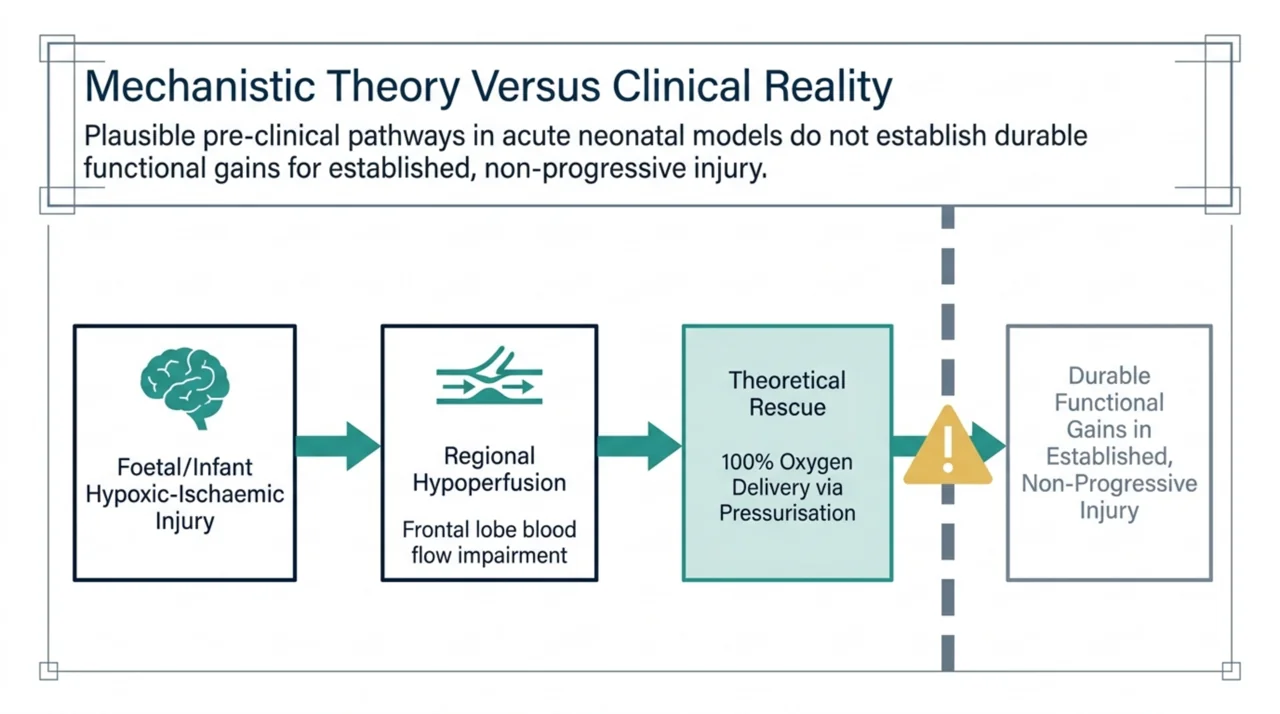 Diagram contrasting the mechanistic theory behind hyperbaric oxygen for cerebral palsy with the clinical reality that durable functional gains are not established.
