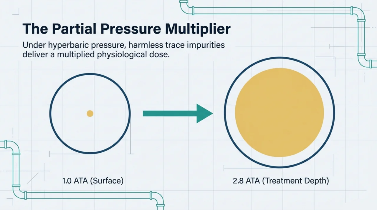 Diagram showing how a trace impurity at 1.0 atmosphere becomes a much larger physiological dose at 2.8 atmospheres absolute inside a hyperbaric chamber.