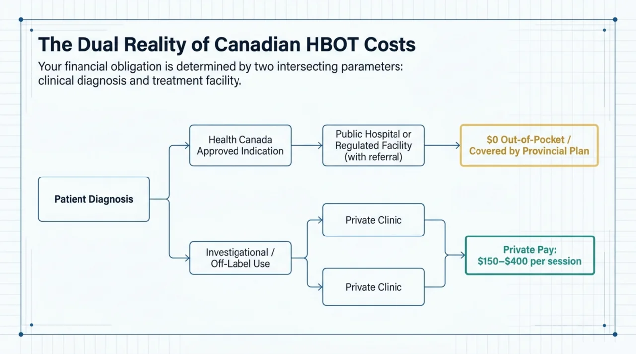 Flowchart showing how hyperbaric oxygen therapy cost in Canada depends on whether the indication is Health Canada approved and treated in a public hospital or a private clinic