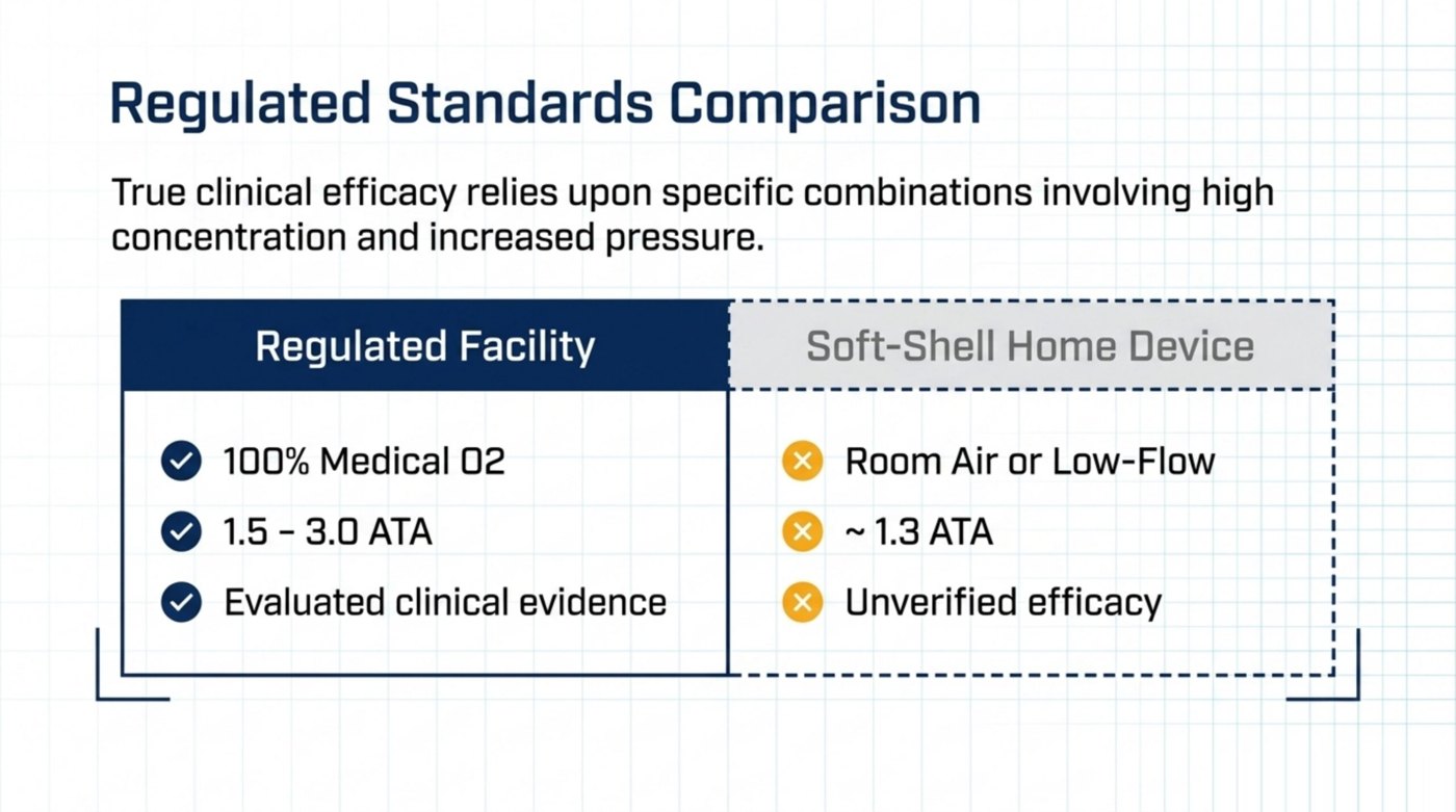 Regulated HBOT facility versus a soft-shell home device: a regulated facility delivers 100% medical oxygen at 1.5 to 3.0 ATA with evaluated clinical evidence, whereas a soft-shell home chamber uses room air or low-flow oxygen at about 1.3 ATA with unverified efficacy.
