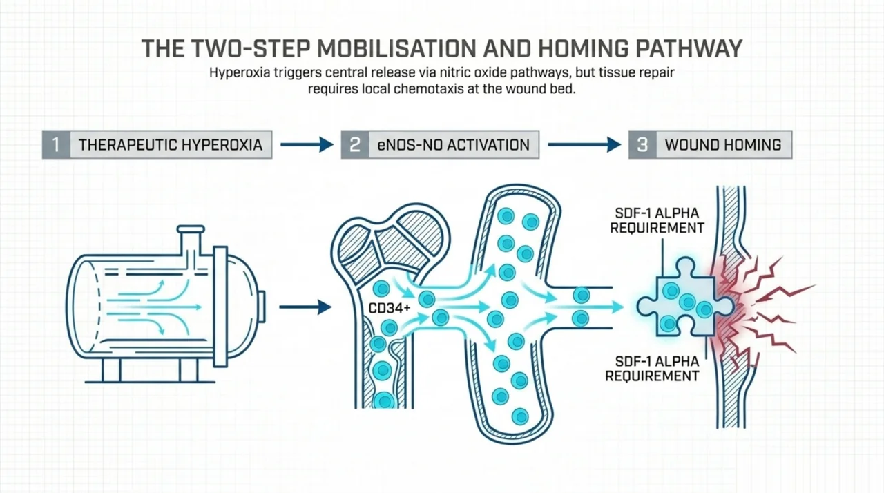 Three-step diagram of HBOT mobilisation: therapeutic hyperoxia leads to eNOS-NO activation and then SDF-1 alpha mediated wound homing