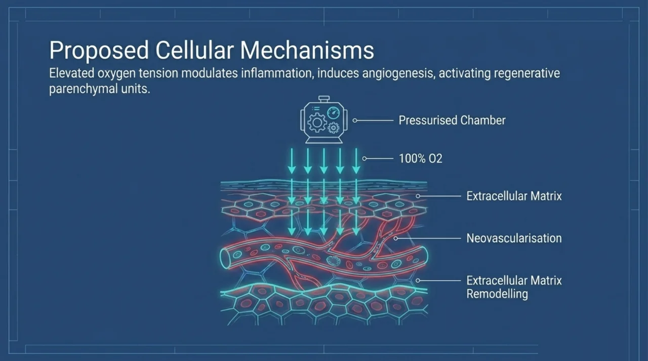 Diagram of proposed HBOT cellular mechanisms including elevated oxygen tension, neovascularisation and extracellular matrix remodelling