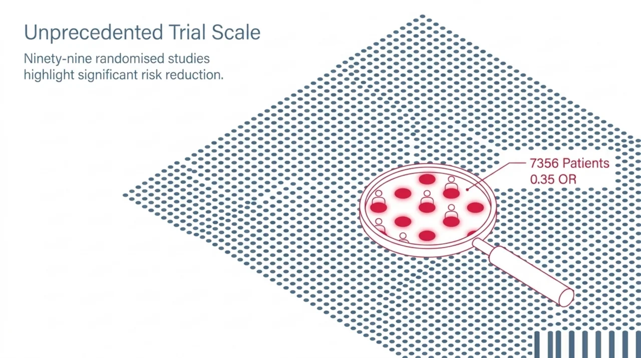 Visual of a 2025 network meta-analysis of 99 randomised trials and 7,356 patients, HBOT amputation odds ratio 0.35