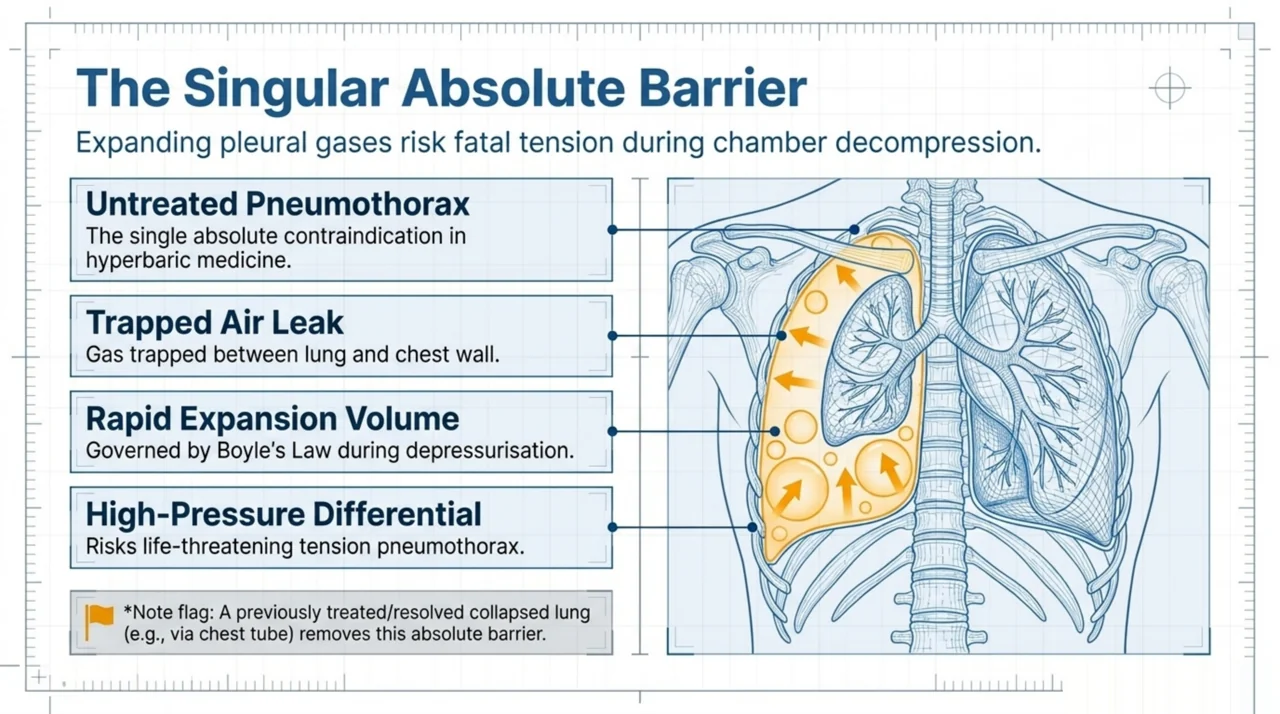 Chest diagram explaining why an untreated pneumothorax is the single absolute contraindication: trapped air expands under Boyle law and risks a tension pneumothorax, while a treated resolved lung removes the barrier