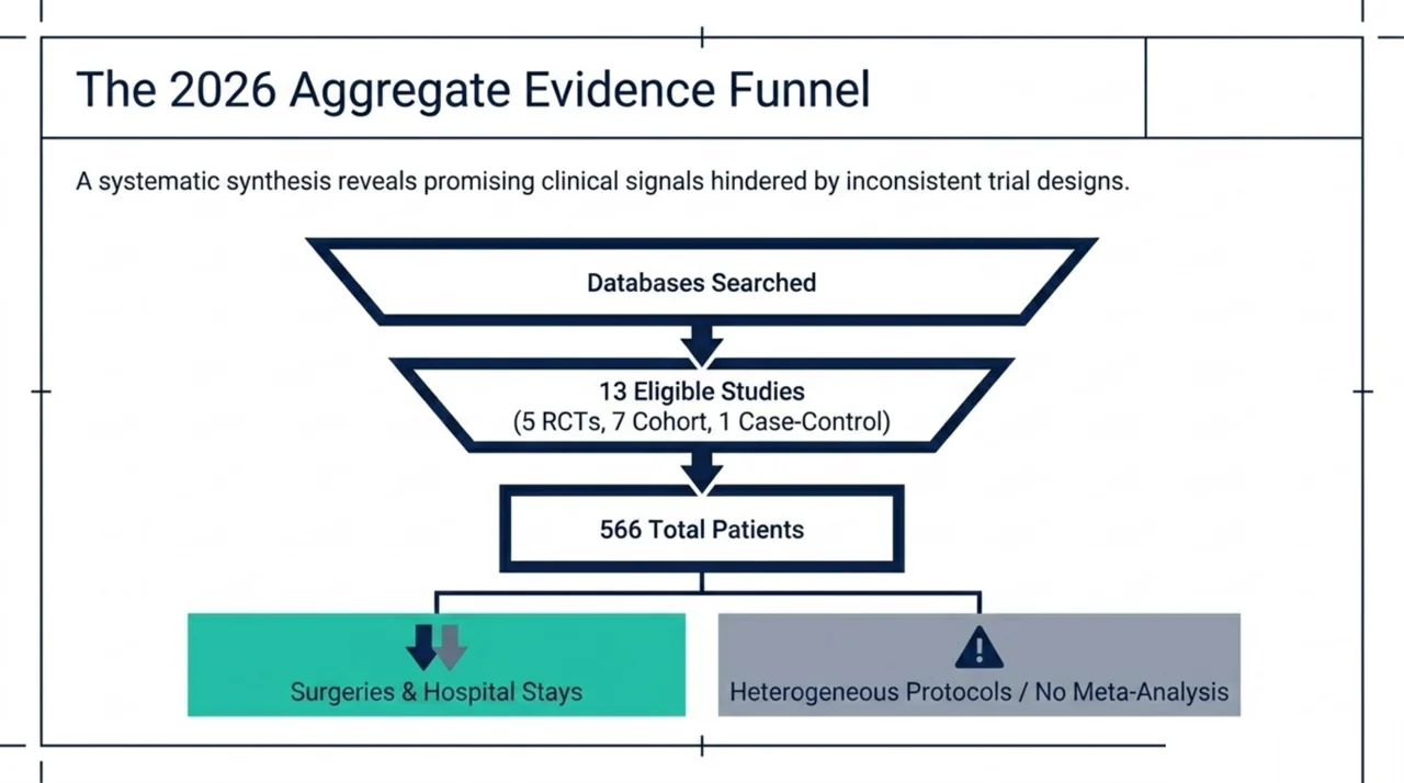 Funnel summarising the 2026 systematic review: 13 eligible studies and 566 patients, with fewer surgeries and shorter stays but protocols too heterogeneous to pool.